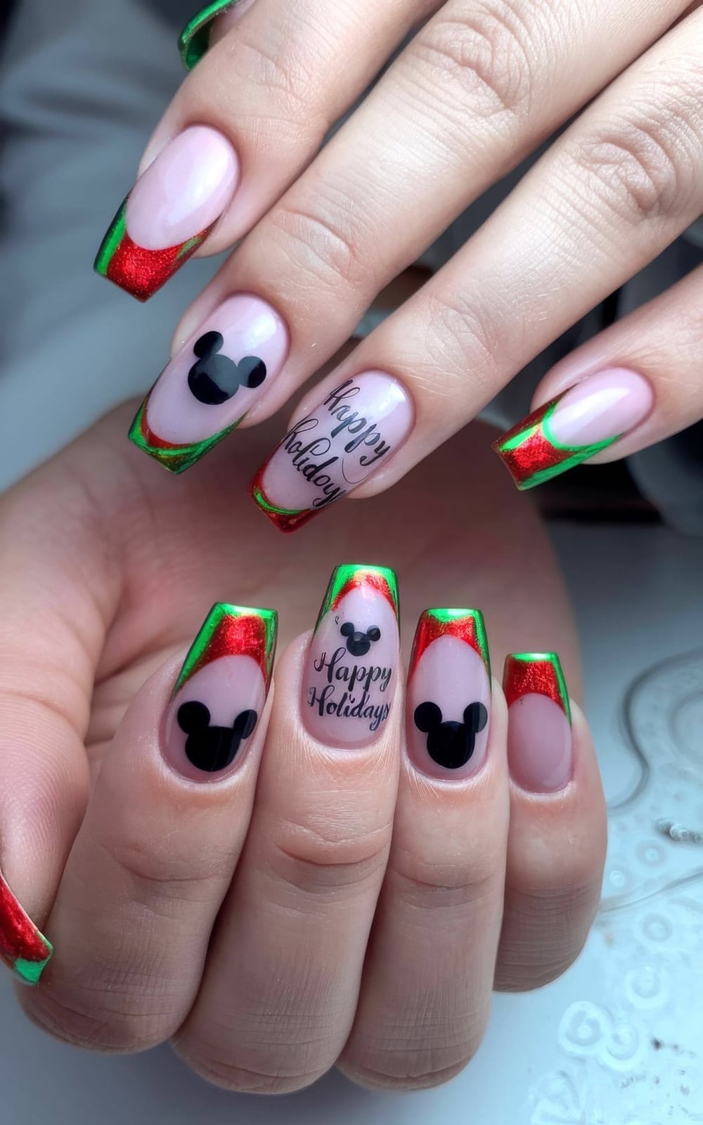 Festive Holiday French Tip Coffin Nails Festive Holiday French Tip Coffin Nails — Aesthetic Disney Nails
