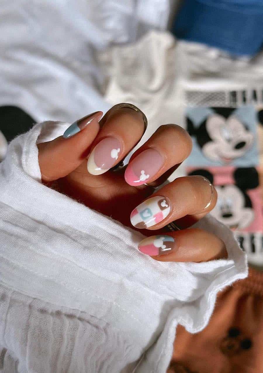Nude Mickey Ear French Tip Plaid Almond Nails Nude Mickey Ear French Tip Plaid Almond Nails — Aesthetic Disney Nails