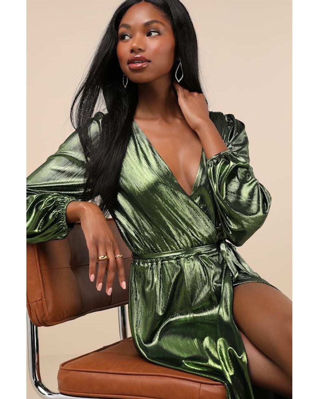 Green Metallic Wrap Maxi Dress With Puff Sleeves — Aesthetic Dress with Sleeves
