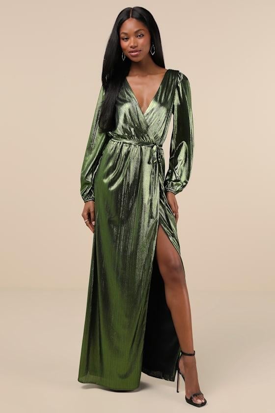 Metallic Green Ribbed Maxi Dress With Slit — Aesthetic Dress with Sleeves