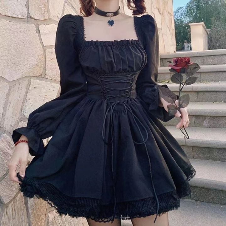 Black Gothic Mini Dress With Lace Corset Detail — Aesthetic Dress with Sleeves