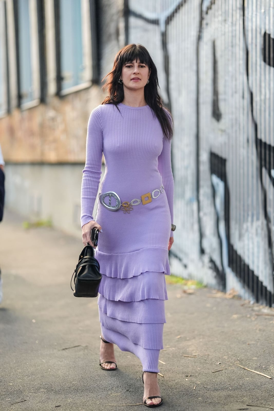 Lilac Ribbed Knit Midi Dress With Tiered Skirt — Aesthetic Dress with Sleeves