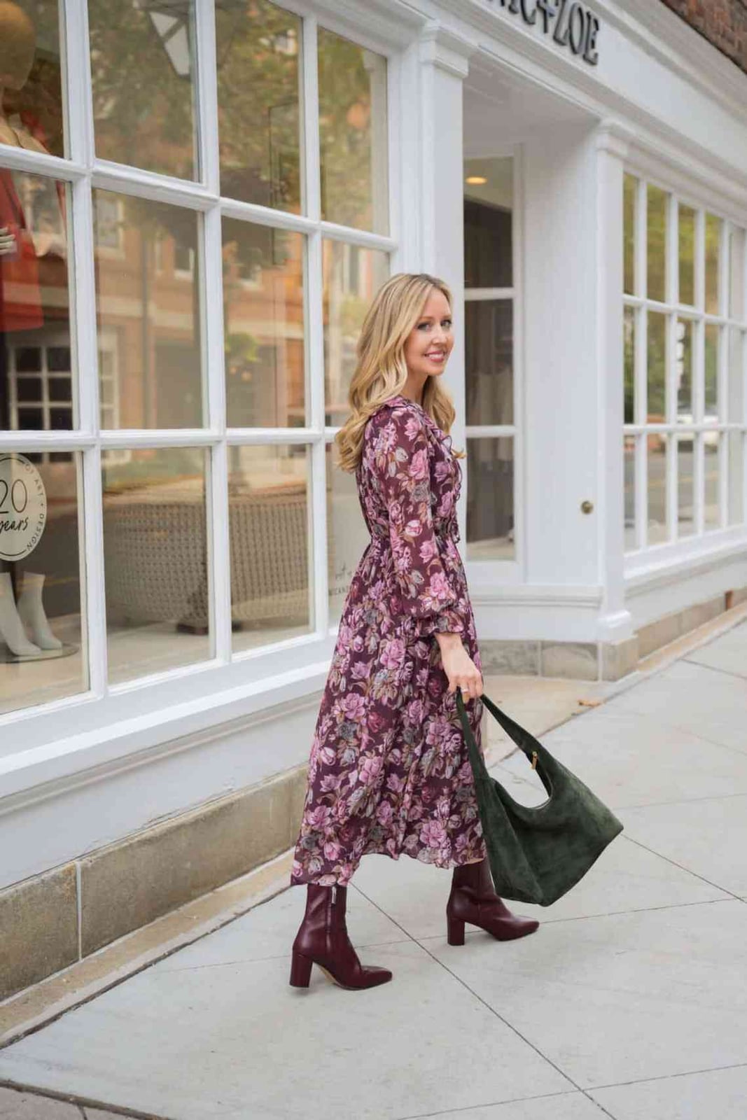 Burgundy Floral Print Midi Dress With Sheer Sleeves — Aesthetic Dress with Sleeves