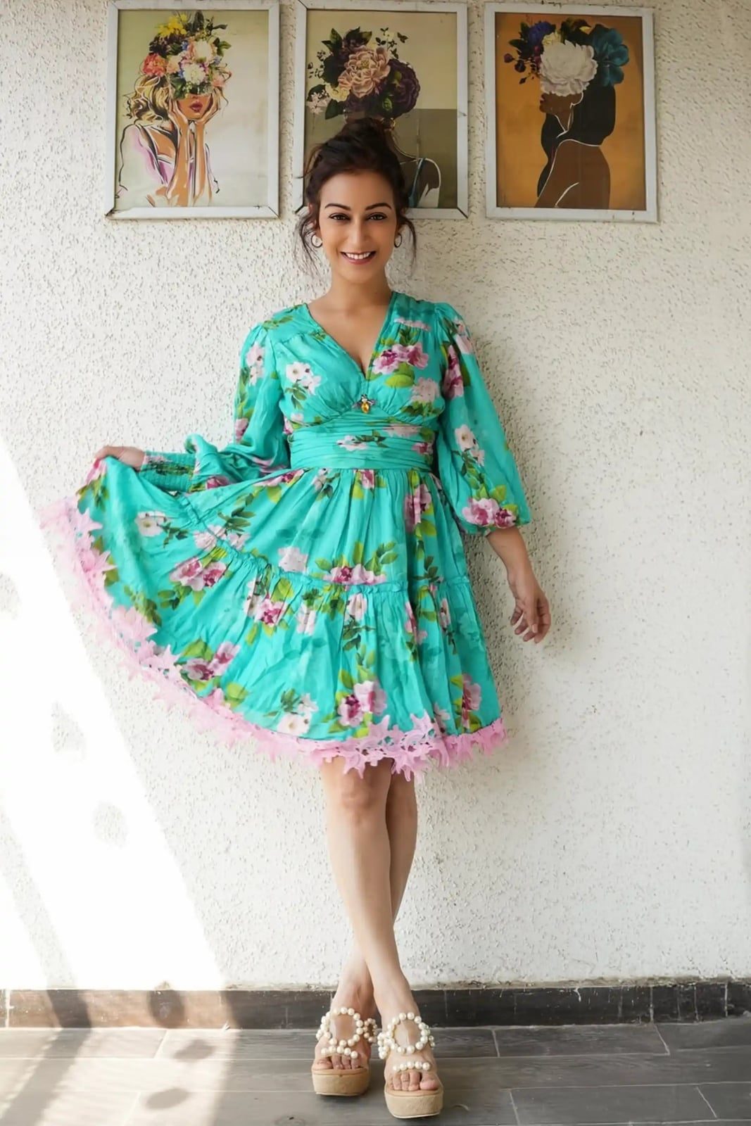 Teal Floral Print Mini Dress With Lace Trim — Aesthetic Dress with Sleeves