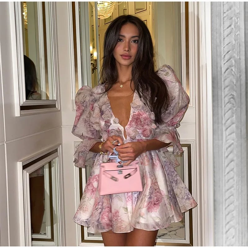 Floral Print A-line Mini Dress With Puff Sleeves — Aesthetic Dress with Sleeves