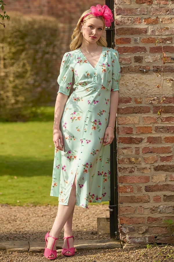 Mint Green Floral Print Midi Dress With Puff Sleeves — Aesthetic Dress with Sleeves