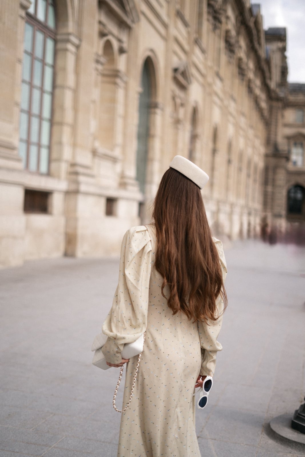 Beige Patterned Midi Dress With Statement Puff Sleeves — Aesthetic Dress with Sleeves