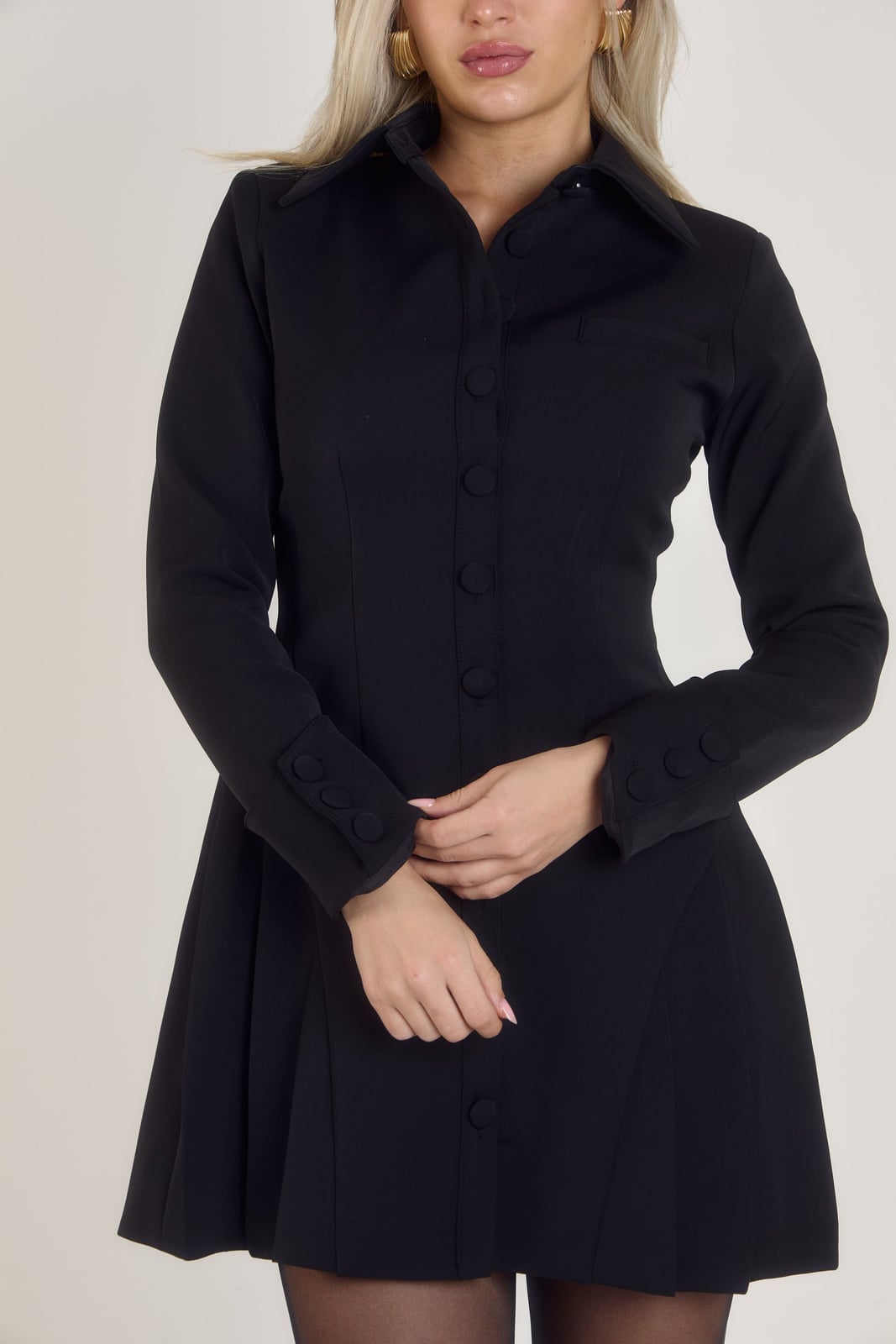 Black Collared Button-Front Mini Dress — Aesthetic Dress with Sleeves