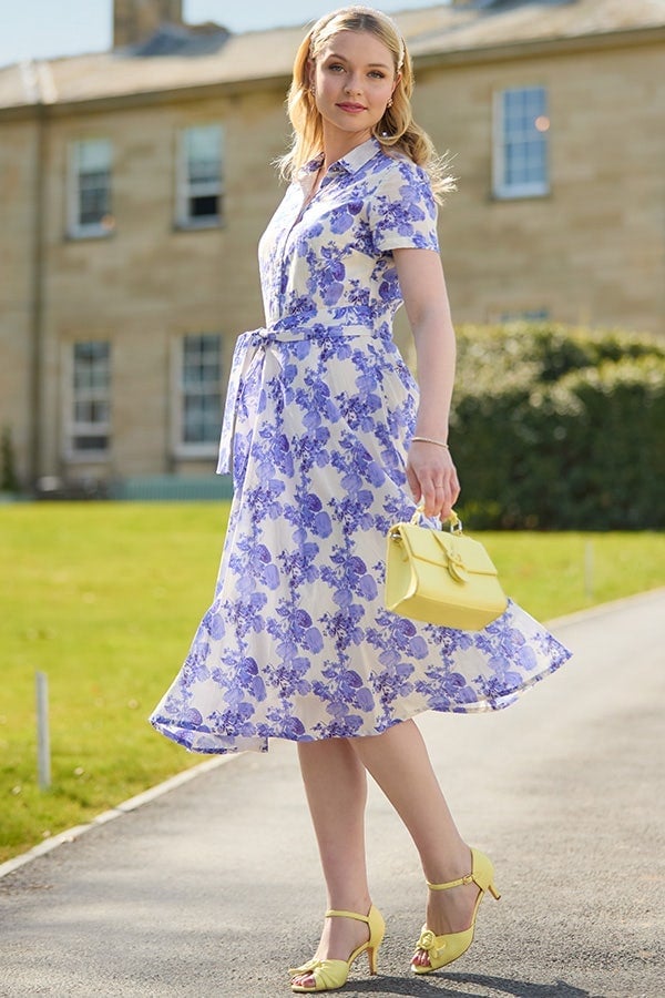 White Blue Floral Midi Dress With Belted Waist — Aesthetic Dress with Sleeves