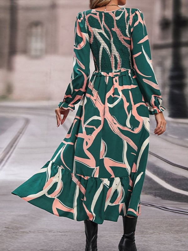 Green Abstract Botanical Print Midi Dress — Aesthetic Dress with Sleeves