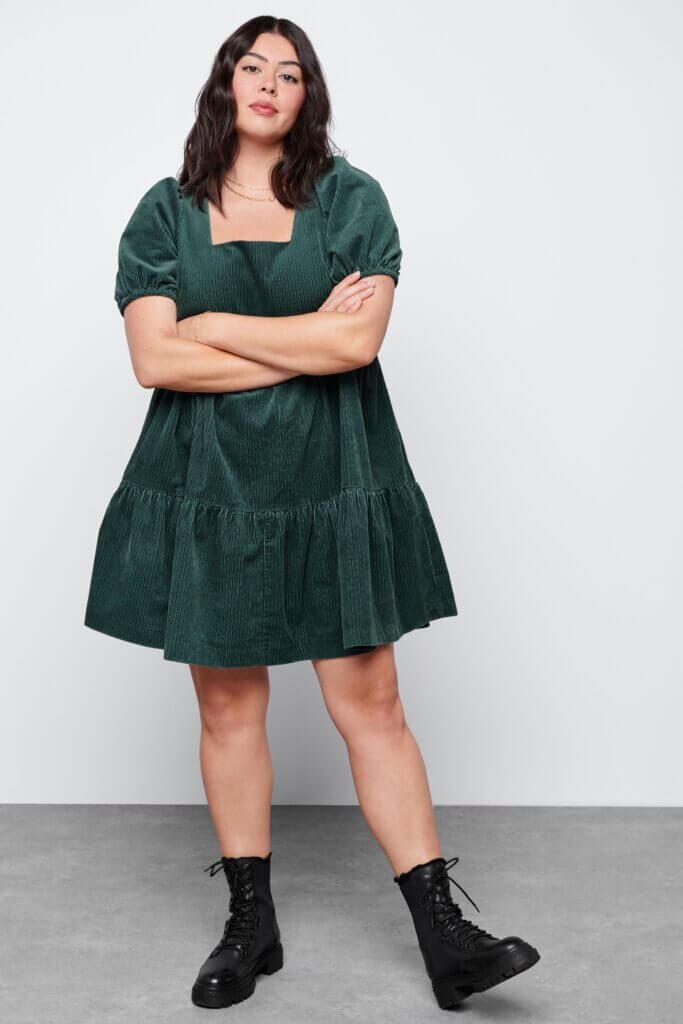 Dark Green Corduroy Mini Dress With Puff Sleeves — Aesthetic Dress with Sleeves