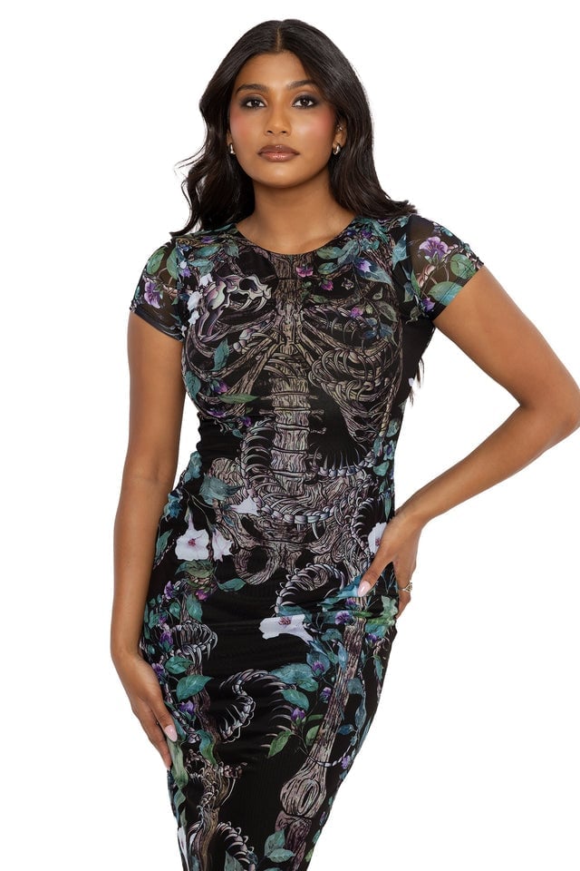 Black Sheer Mesh Bodycon Dress With Skeleton Print — Aesthetic Dress with Sleeves