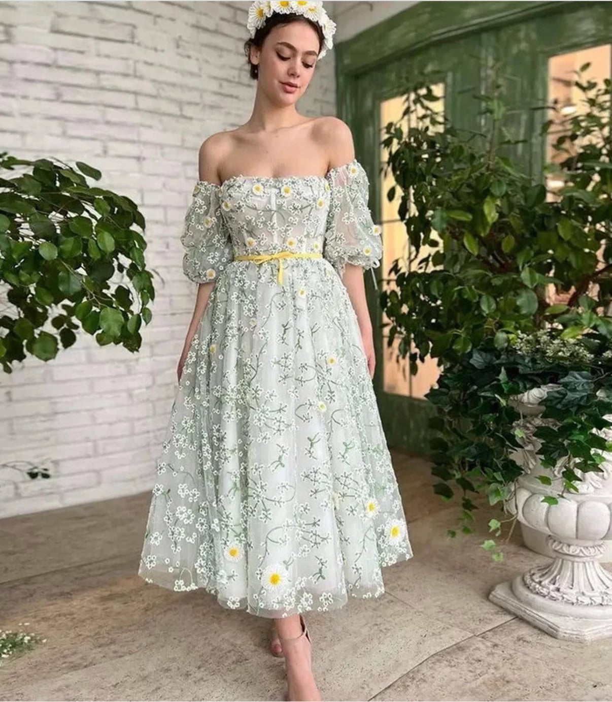Light Green Embroidered Off-the-Shoulder Midi Dress — Aesthetic Dress with Sleeves