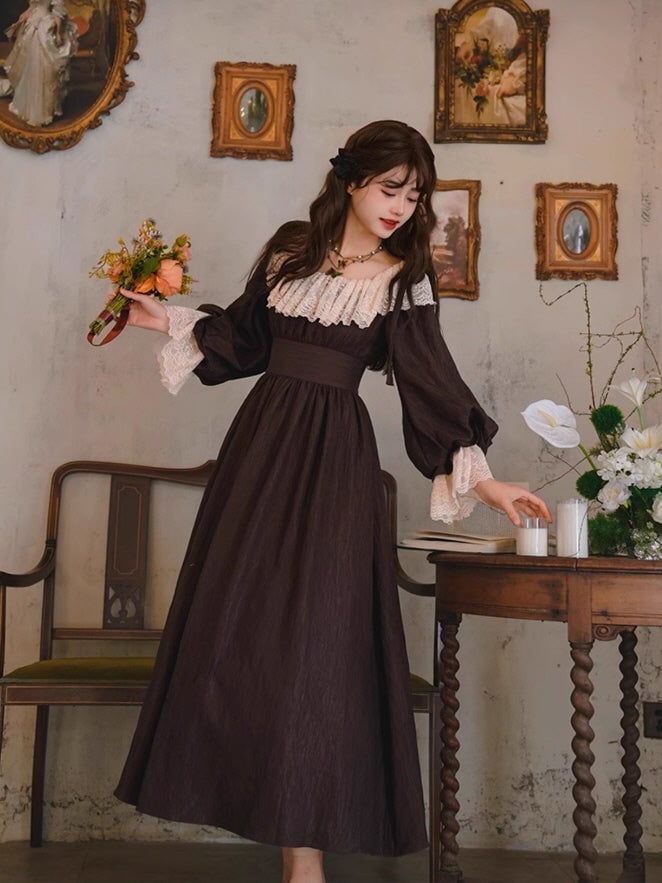 Brown Textured Maxi Dress With Lace Trim — Aesthetic Dress with Sleeves