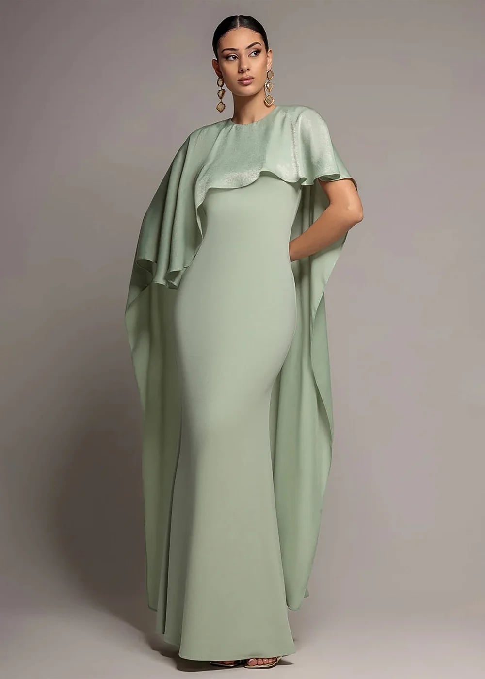 Sage Green Column Maxi Dress With Cape Sleeves — Aesthetic Dress with Sleeves