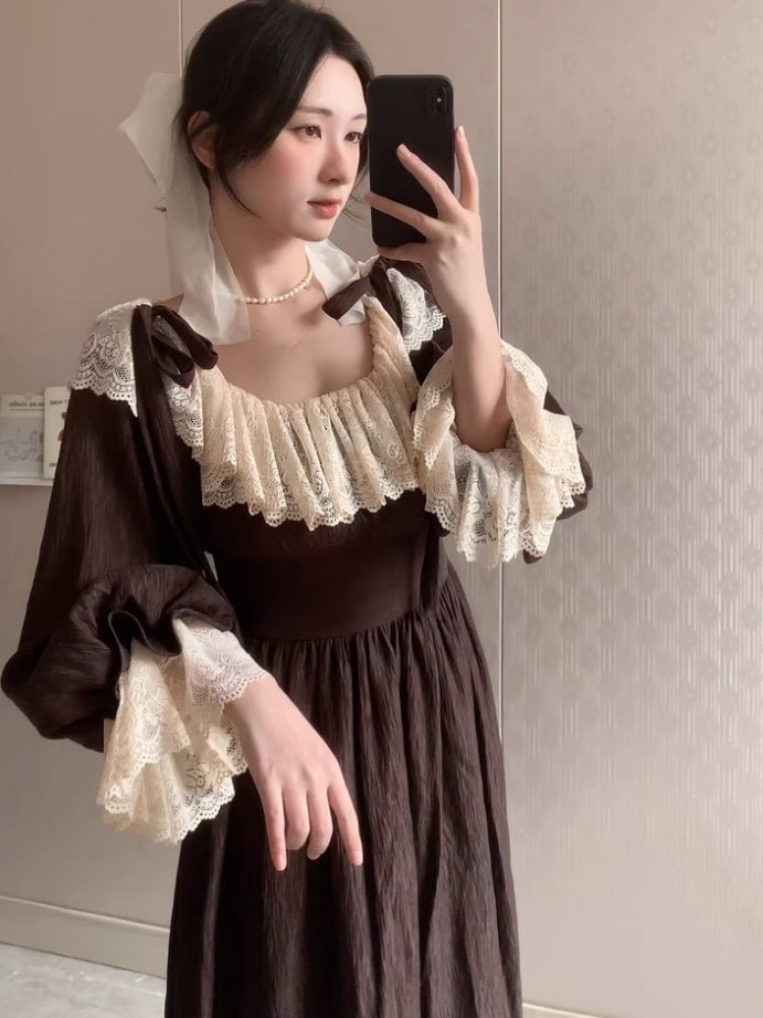Brown Long Sleeve Dress With Lace Trim — Aesthetic Dress with Sleeves