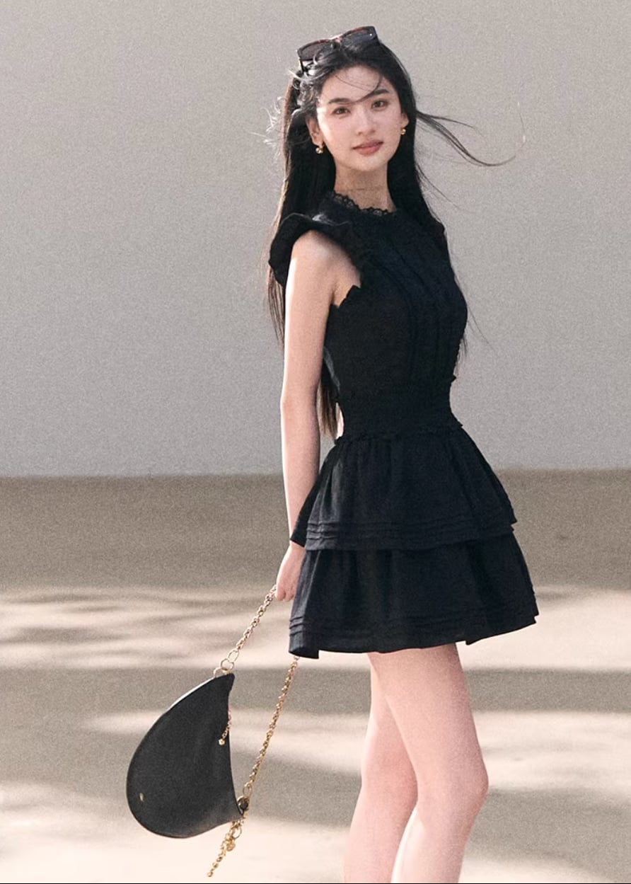 Black Ruffled Neck Dress with Tiered Skirt — Aesthetic Feminine Outfits