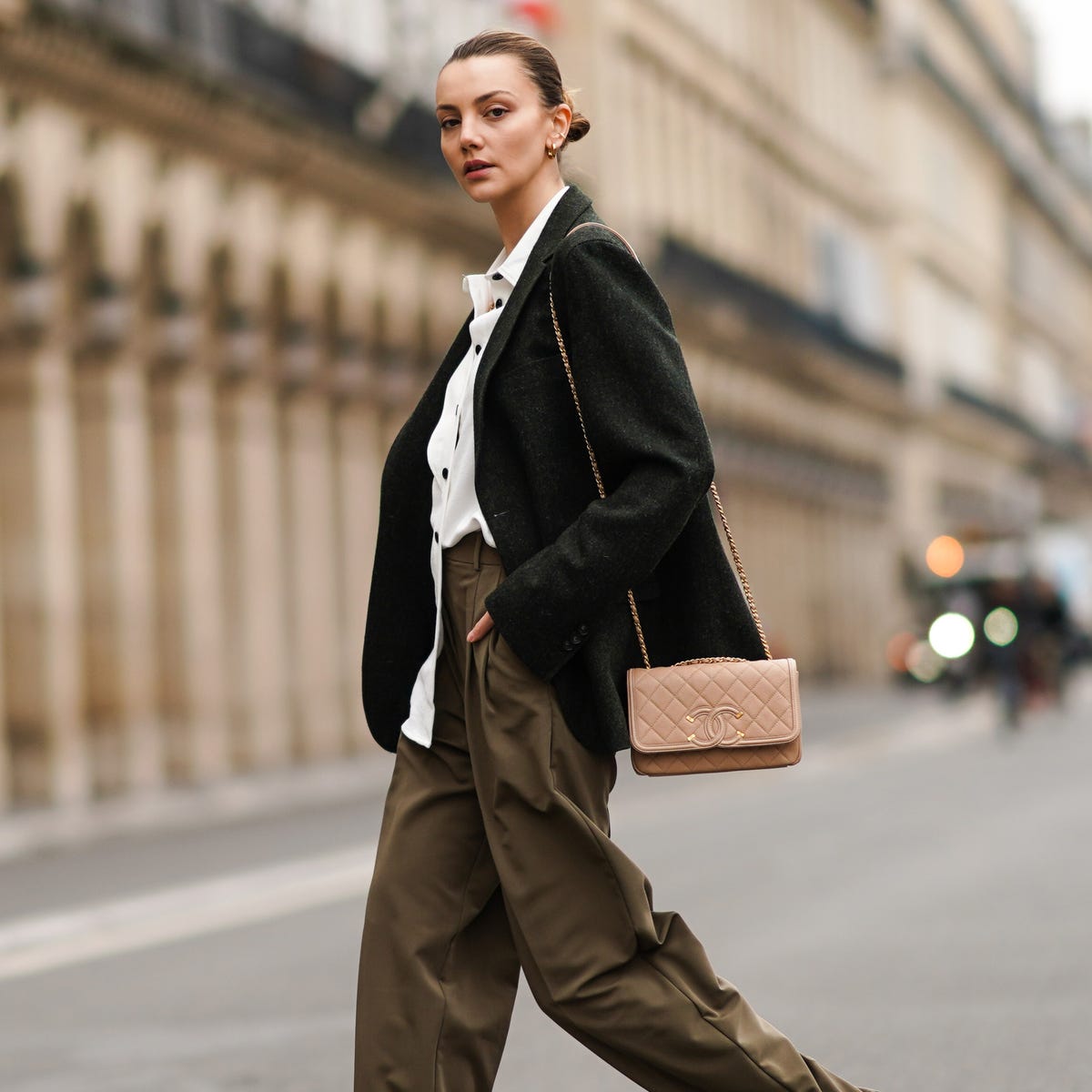 Dark Green Blazer Over White Shirt and Olive Pants — Aesthetic Feminine Outfits