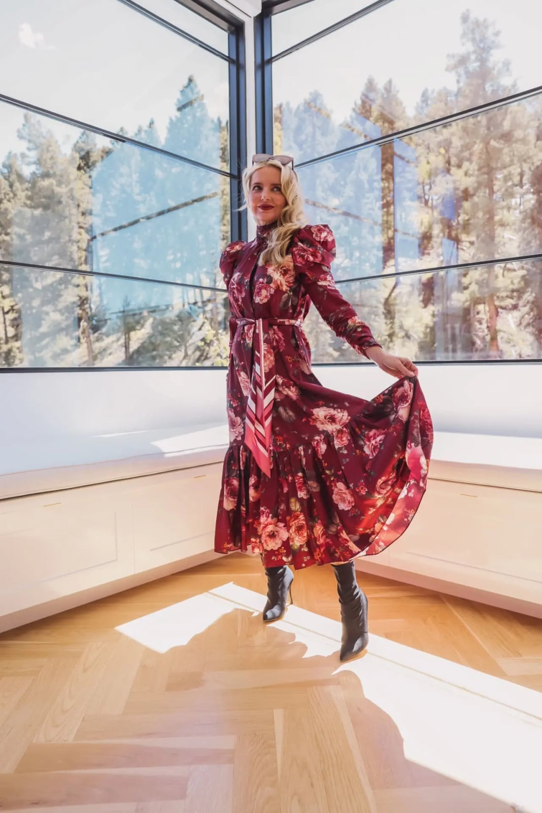 Red Floral Dress with Puffy Sleeves and Tie Belt — Aesthetic Feminine Outfits
