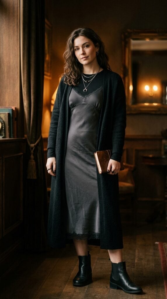 Black Cardigan Over Grey Satin Slip Dress — Aesthetic Feminine Outfits