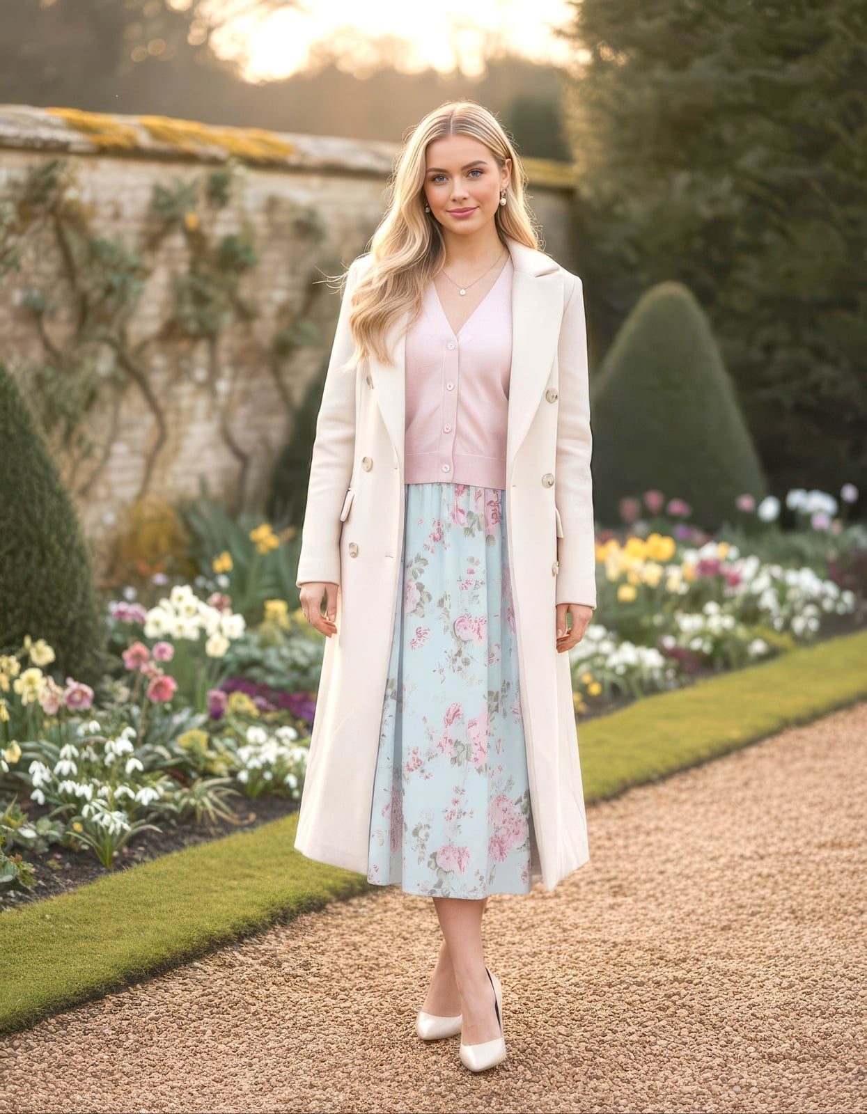 Cream Coat Over Pastel Cardigan and Floral Midi Skirt — Aesthetic Feminine Outfits