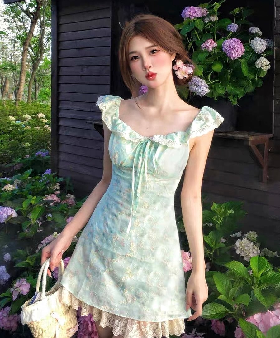 Mint Green Floral Mini Dress with Lace Trim — Aesthetic Feminine Outfits