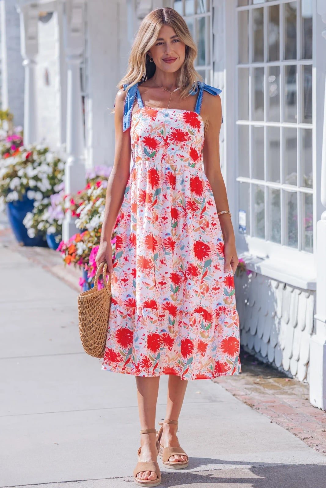 White Floral Midi Dress with Tie Straps — Aesthetic Feminine Outfits