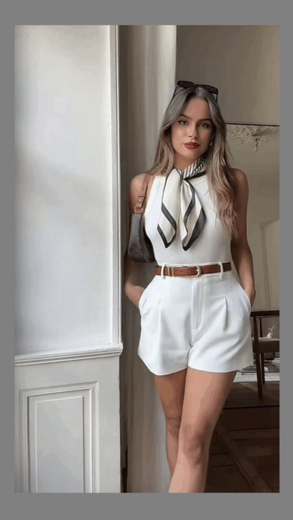 White Top with Neck Scarf and Pleated Shorts — Aesthetic Feminine Outfits