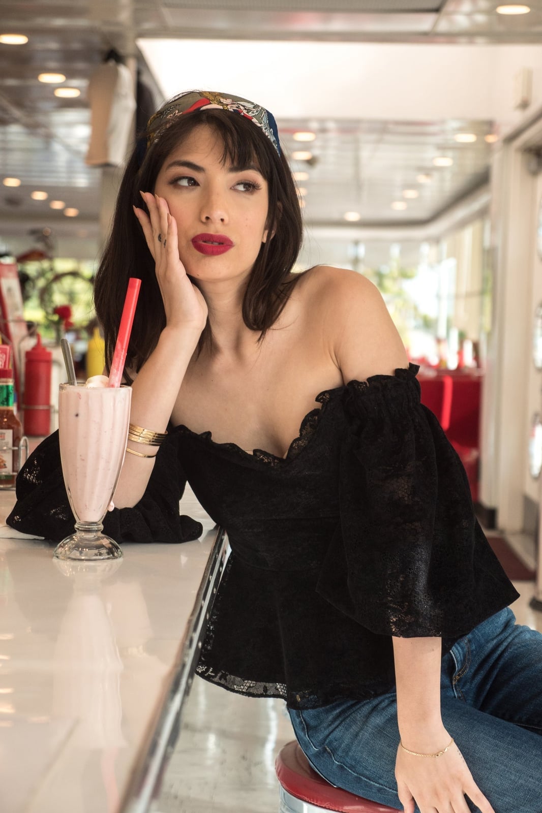 Black Lace Off-the-Shoulder Top with Puff Sleeves — Aesthetic Feminine Outfits
