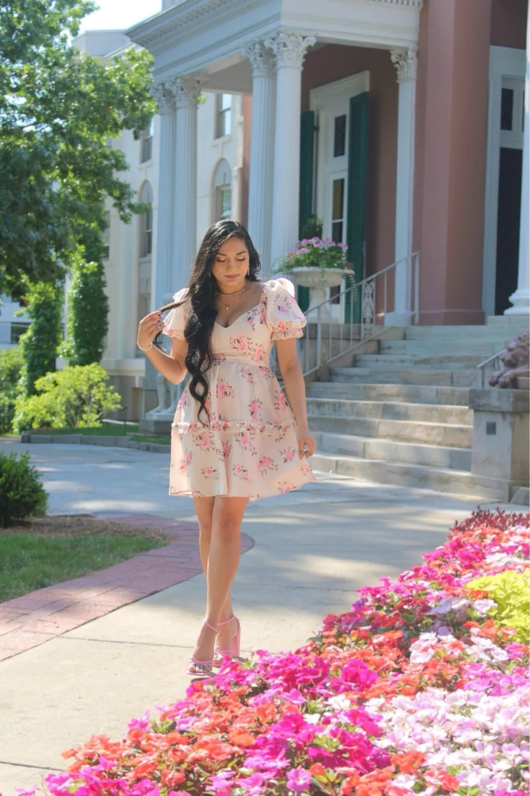 Pink Floral Dress with Puff Sleeves and Tiered Skirt — Aesthetic Feminine Outfits