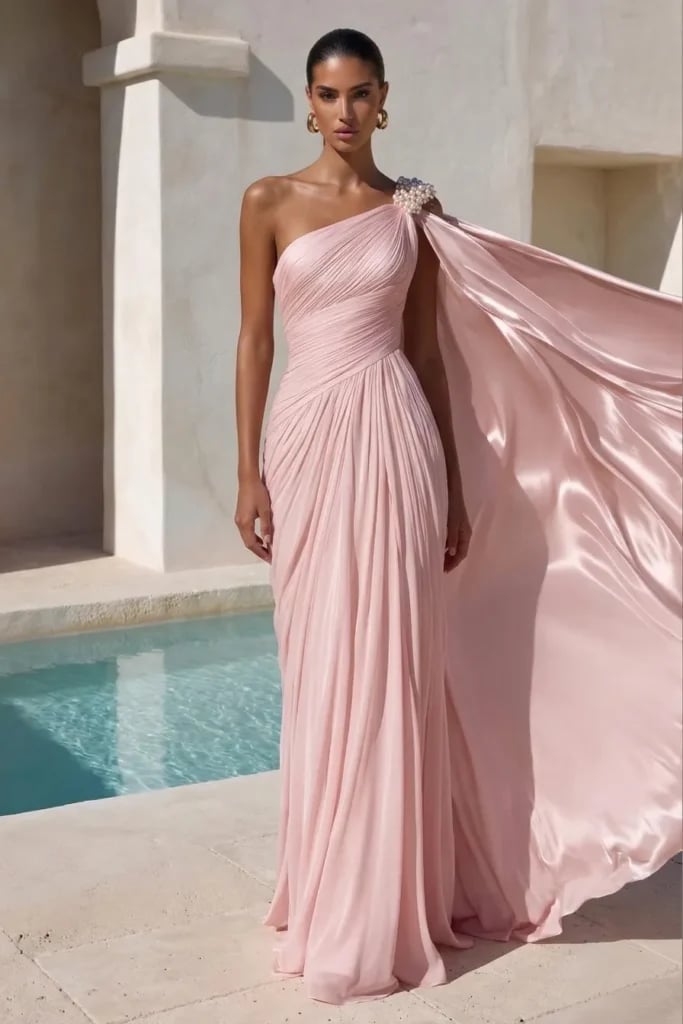 One Shoulder Satin Gown With Flowing Cape One Shoulder Satin Gown With Flowing Cape — Aesthetic Gowns Dresses