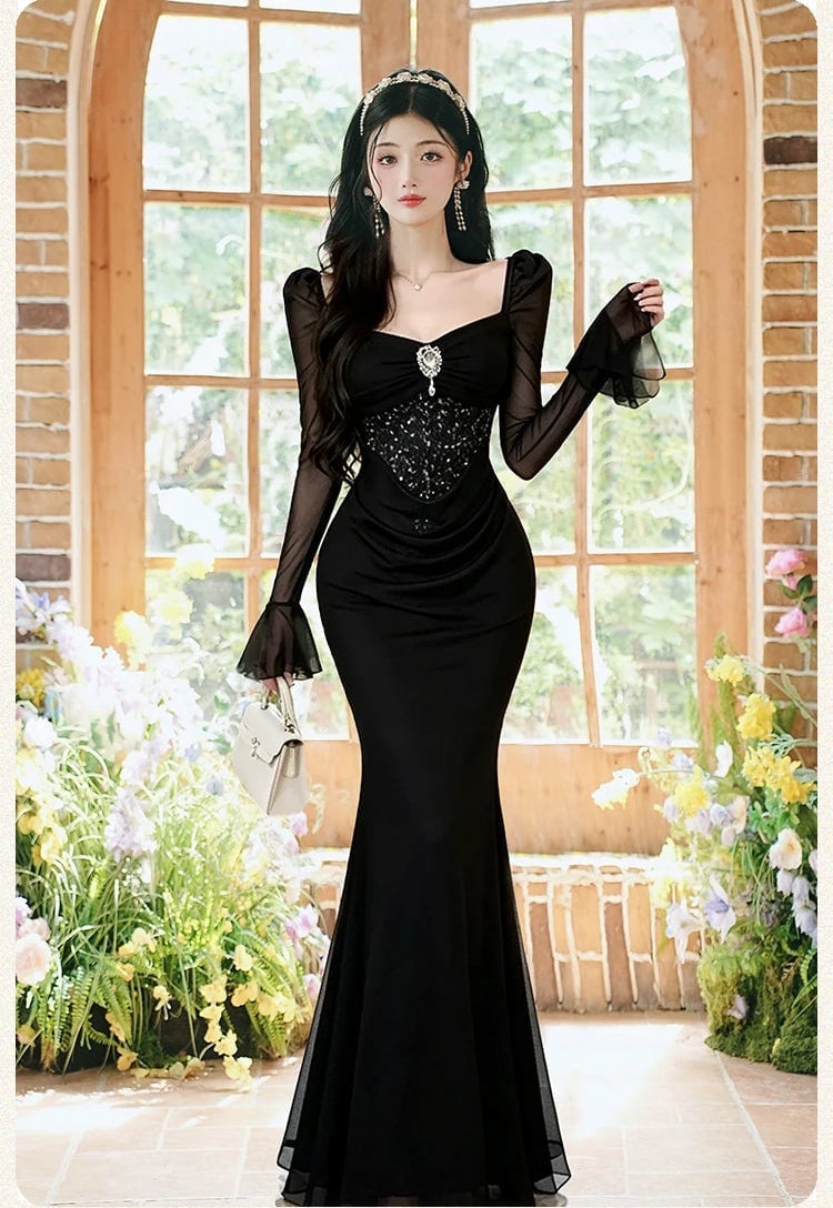 Black Mermaid Gown With Embellished Bodice Black Mermaid Gown With Embellished Bodice — Aesthetic Gowns Dresses