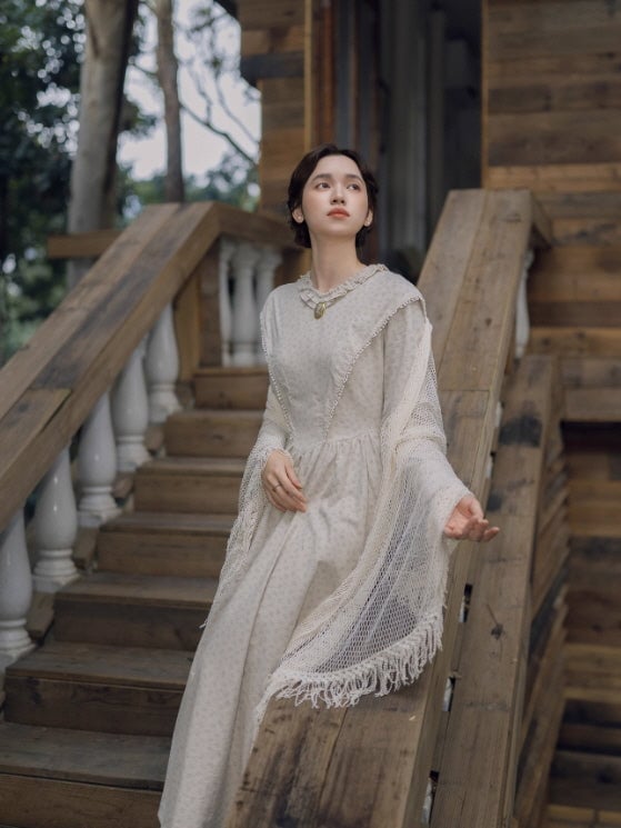 Off White Lace Maxi Dress With Ruffled Neckline Off White Lace Maxi Dress With Ruffled Neckline — Aesthetic Gowns Dresses
