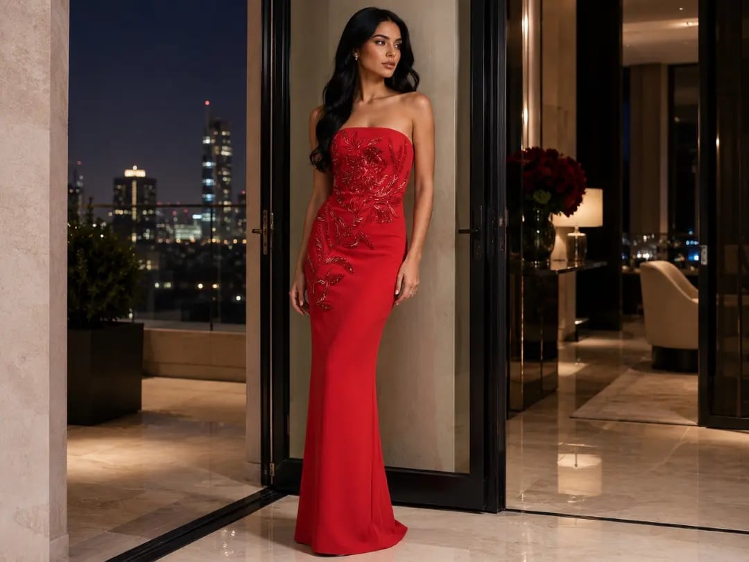 Red Strapless Gown With Embellished Bodice Red Strapless Gown With Embellished Bodice — Aesthetic Gowns Dresses