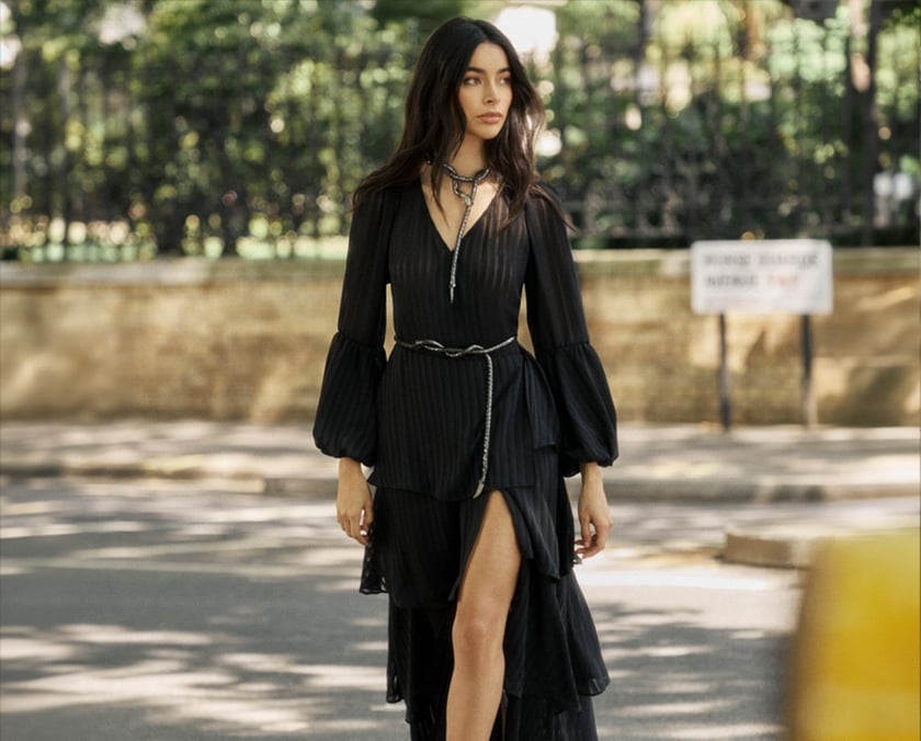 Black Long Sleeve Dress With Tiered Skirt Black Long Sleeve Dress With Tiered Skirt — Aesthetic Gowns Dresses