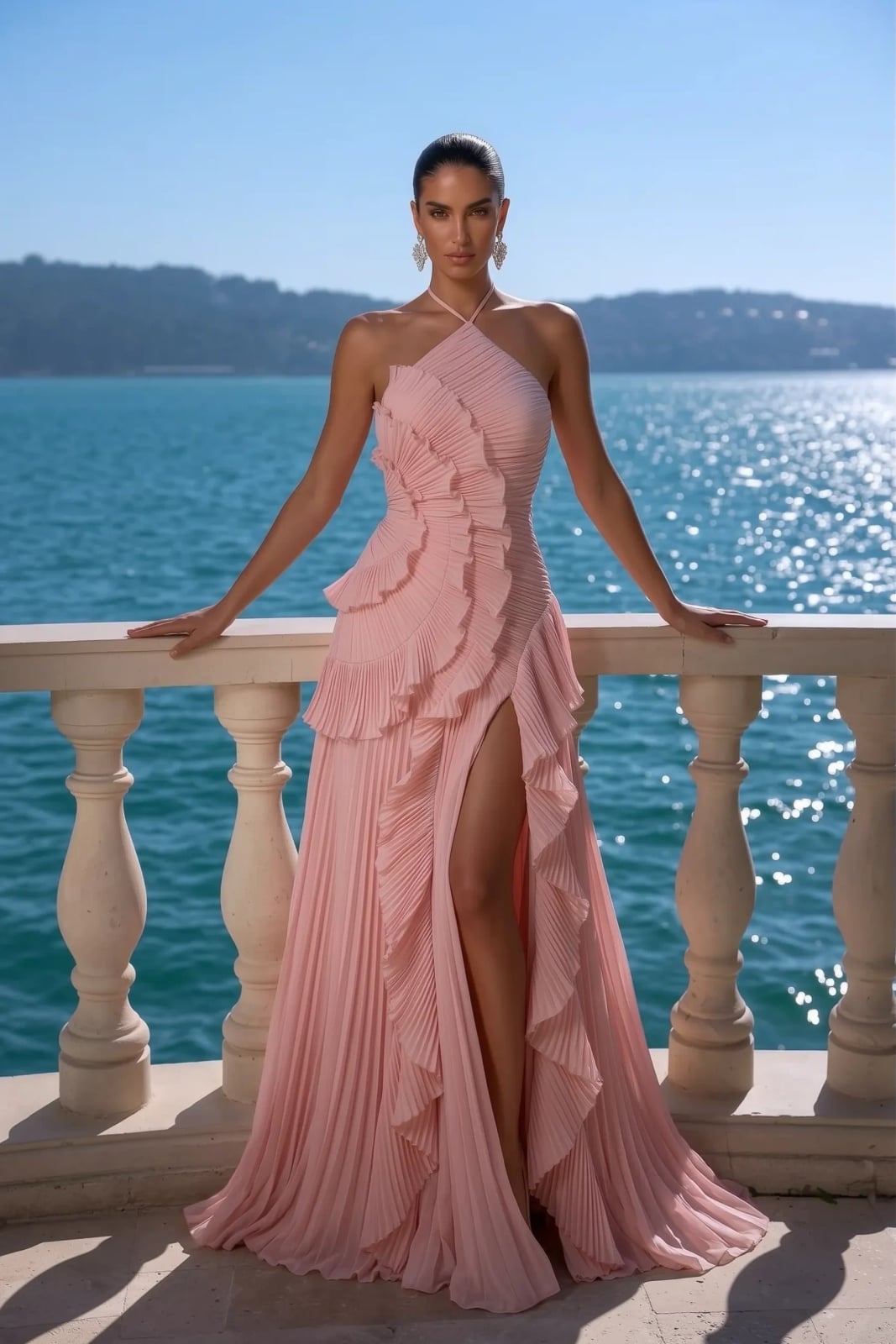Light Pink Pleated Halter Neck Dress Light Pink Pleated Halter Neck Dress — Aesthetic Gowns Dresses