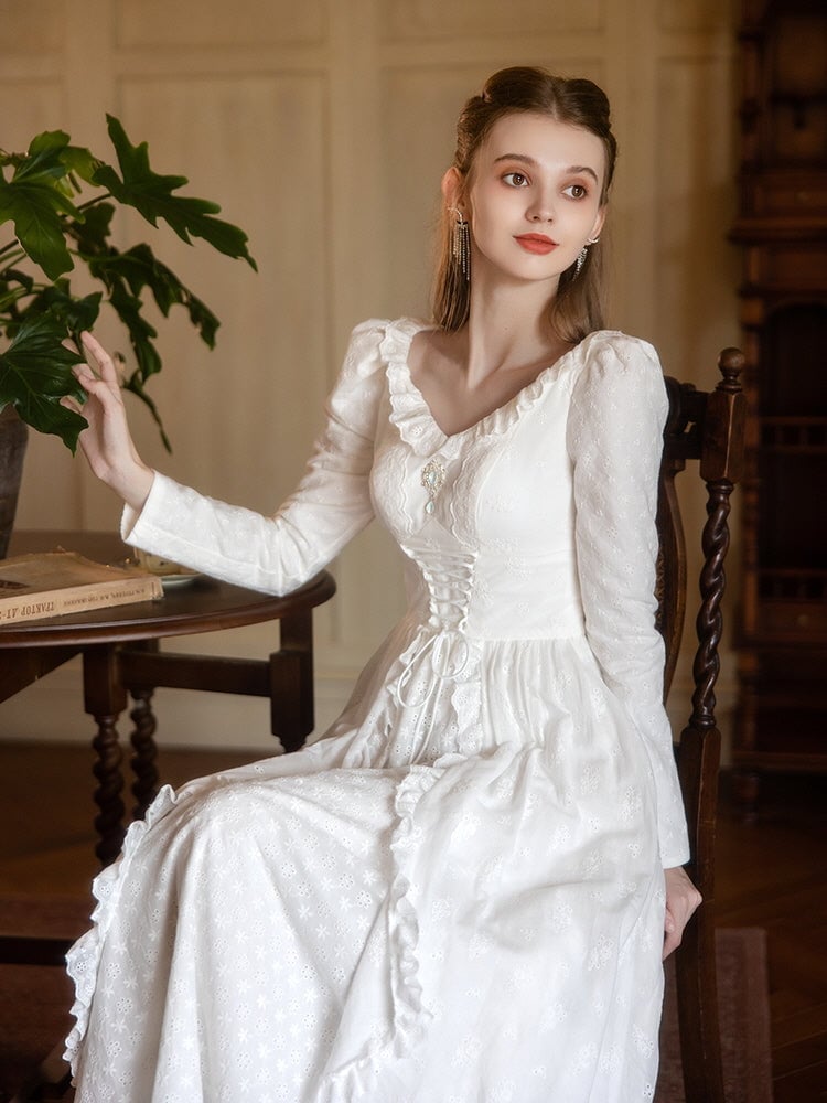 Ivory Lace Dress With Ruffled Neckline Ivory Lace Dress With Ruffled Neckline — Aesthetic Gowns Dresses