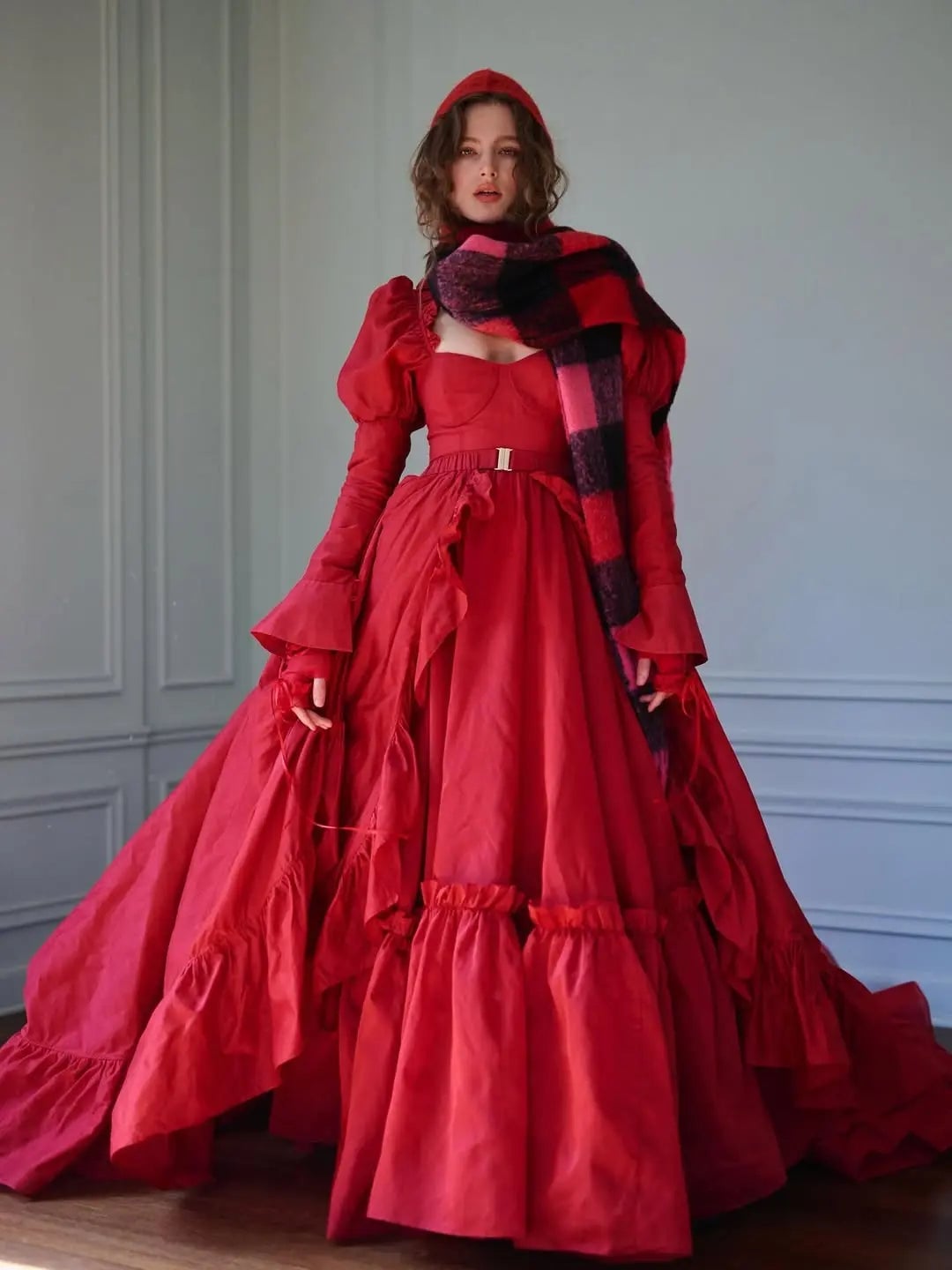 Red Voluminous Dress With Ruffled Skirt Red Voluminous Dress With Ruffled Skirt — Aesthetic Gowns Dresses