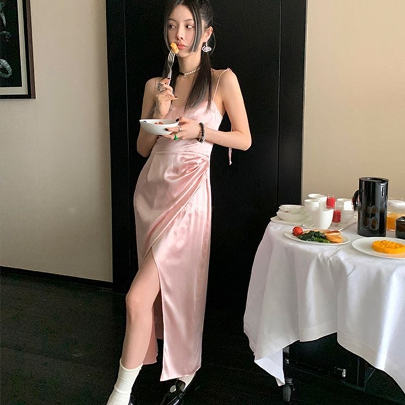 Pale Pink Satin Slip Dress With High Slit Pale Pink Satin Slip Dress With High Slit — Aesthetic Gowns Dresses