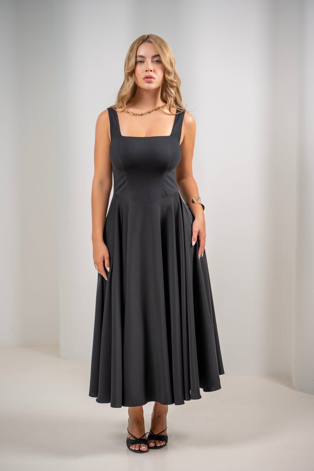 Dark Grey Square Neck Fit and Flare Dress Dark Grey Square Neck Fit and Flare Dress — Aesthetic Gowns Dresses
