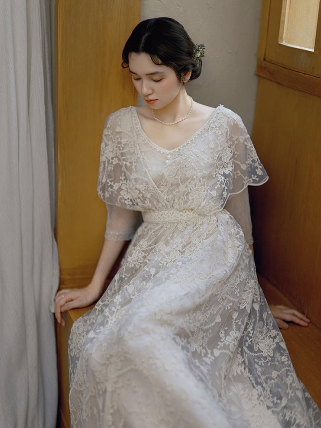Ivory White Lace Overlay Dress Ivory White Lace Overlay Dress — Aesthetic Gowns Dresses