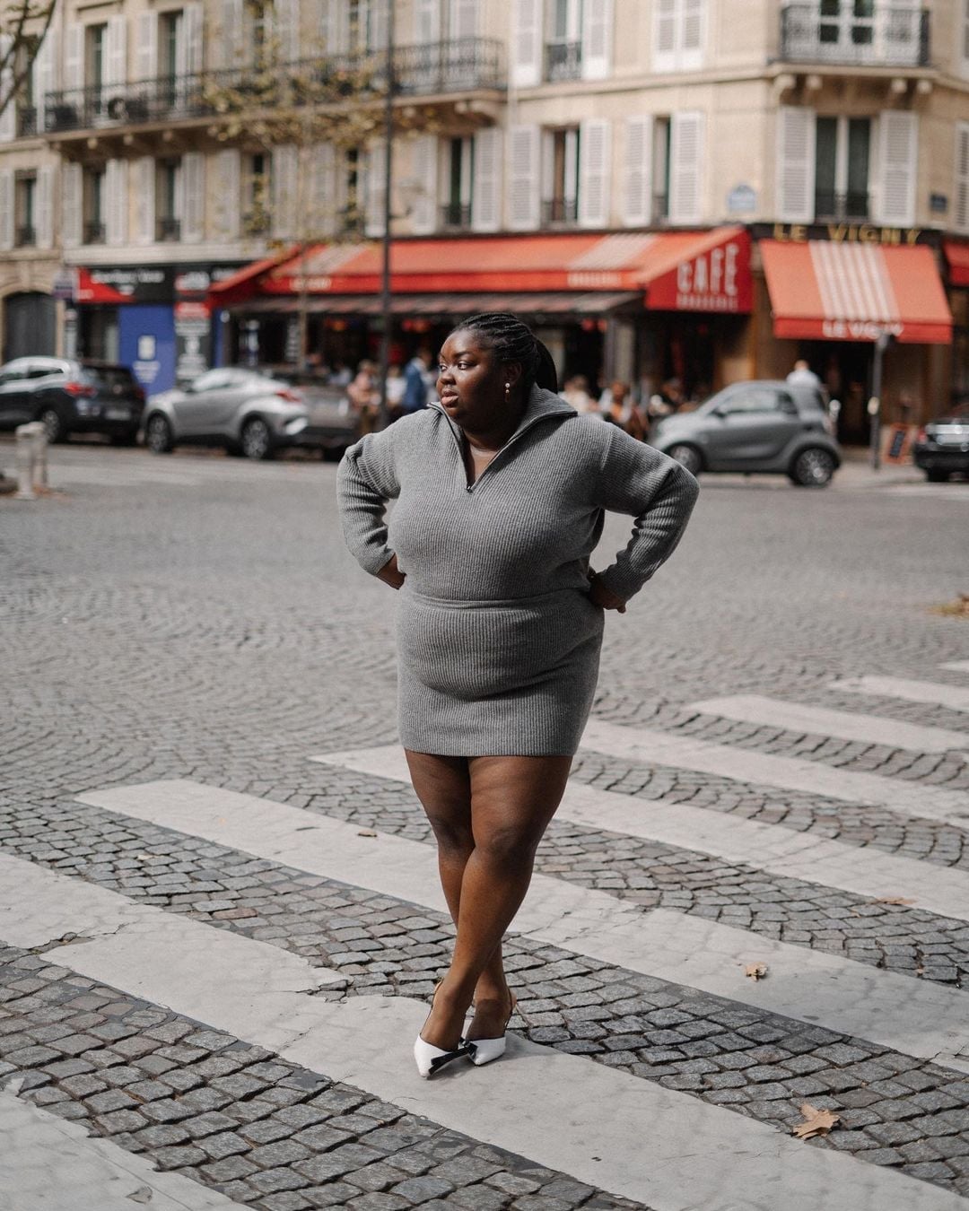 Grey Ribbed Sweater Dress With Quarter-Zip — Aesthetic Grey Sweater Outfit
