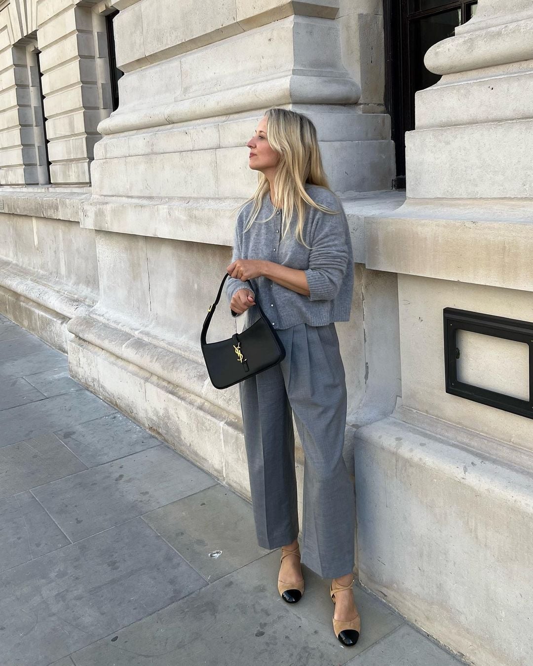 Grey Cropped Cardigan With Wide Trousers — Aesthetic Grey Sweater Outfit