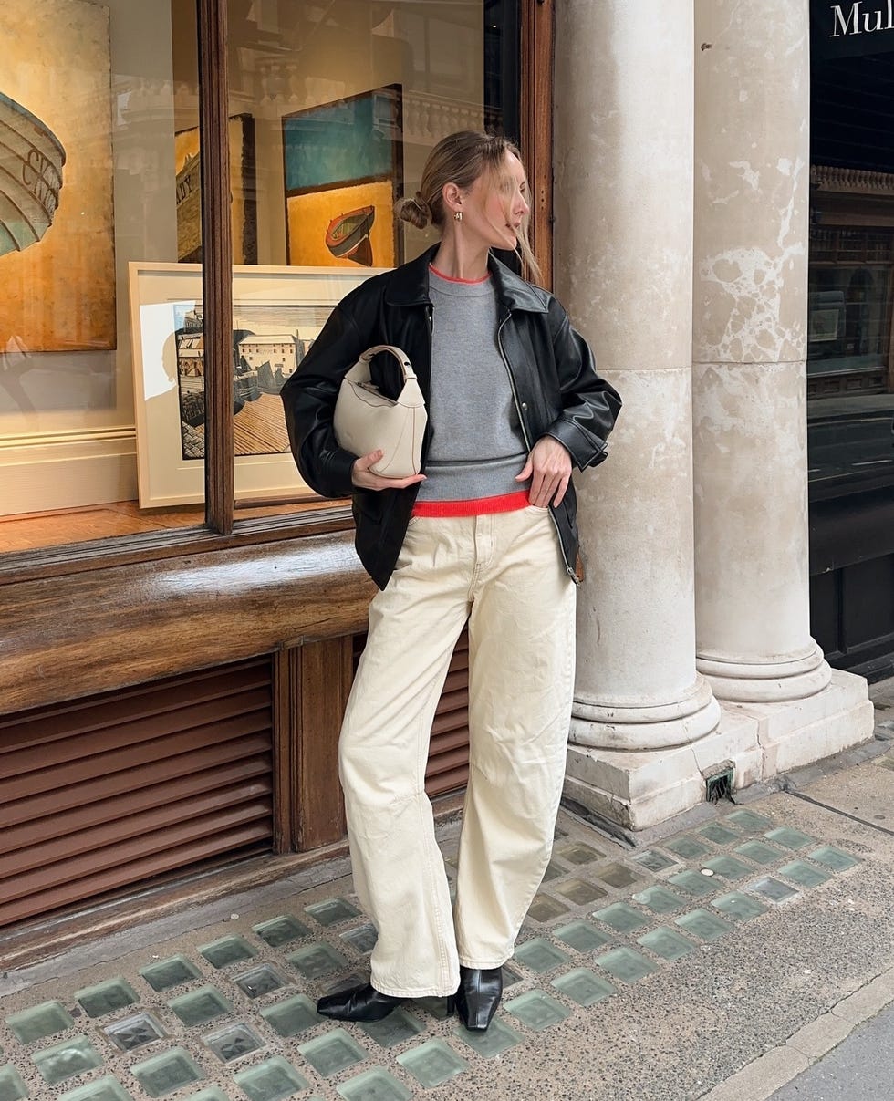 Grey Sweater Under Leather Jacket With Cream Trousers — Aesthetic Grey Sweater Outfit