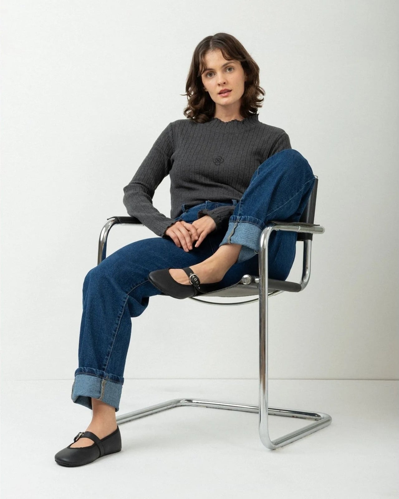 Dark Grey Ribbed Sweater With Cuffed Denim — Aesthetic Grey Sweater Outfit