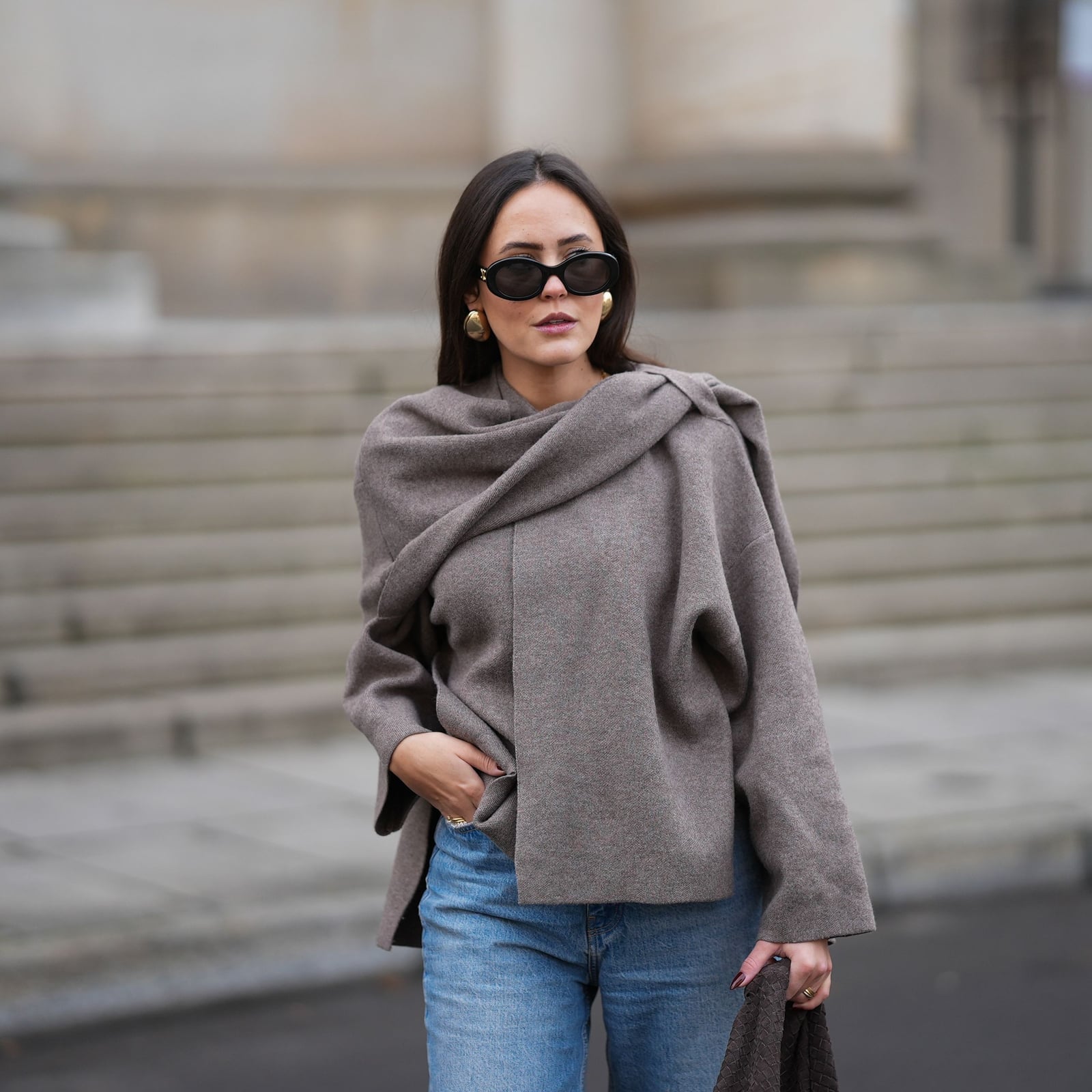 Textured Brown Sweater With Draped Scarf — Aesthetic Grey Sweater Outfit