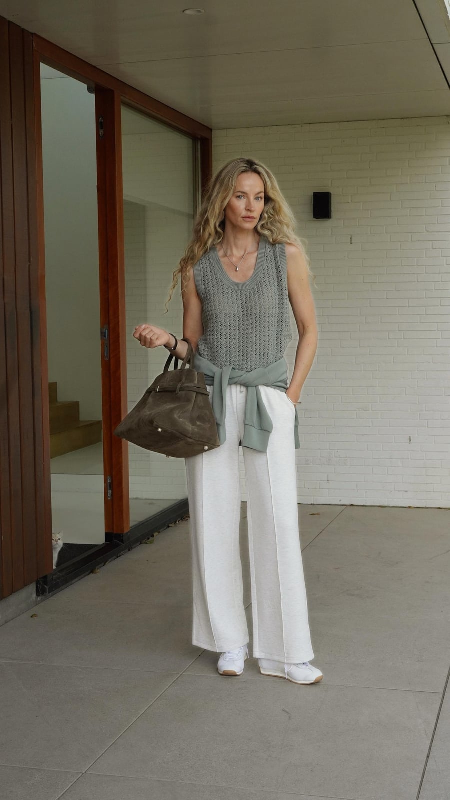Grey Sweater Vest With White Trousers and Mint Scarf — Aesthetic Grey Sweater Outfit
