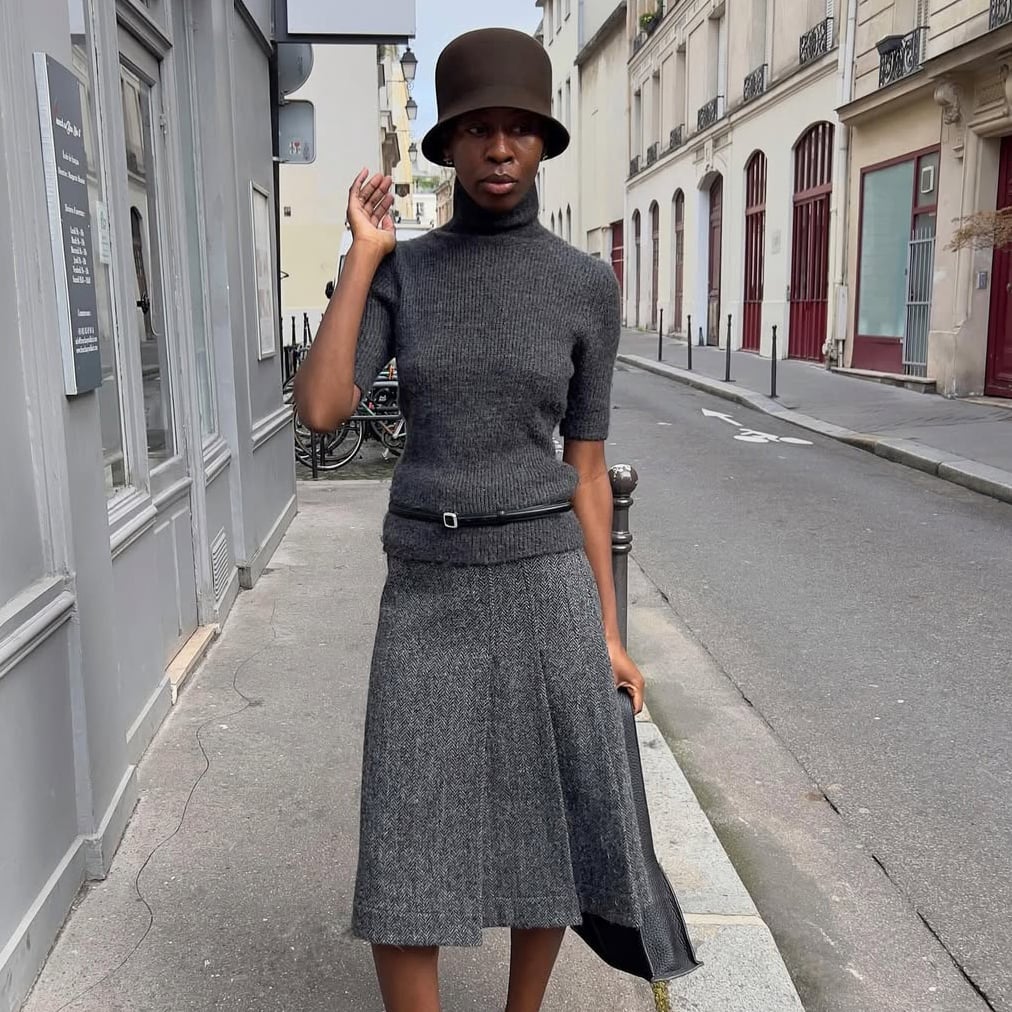 Grey Ribbed Turtleneck Set With A-Line Skirt — Aesthetic Grey Sweater Outfit