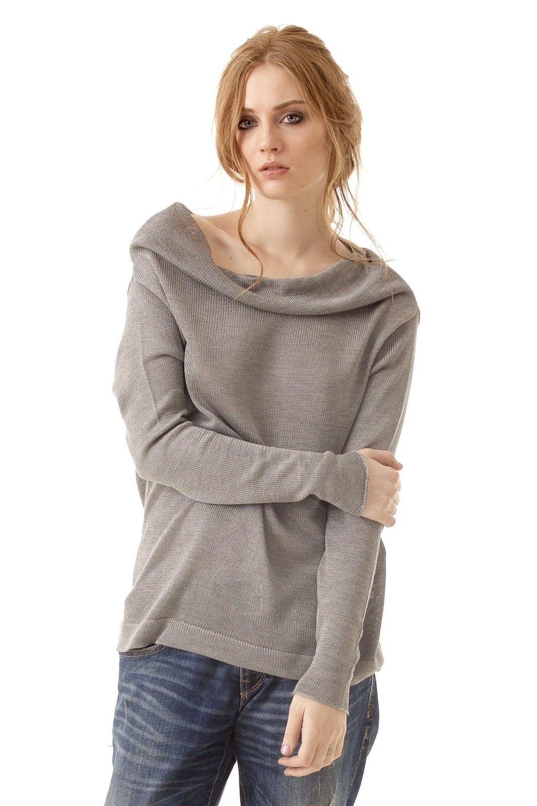 Grey Ribbed Off-the-Shoulder Sweater — Aesthetic Grey Sweater Outfit