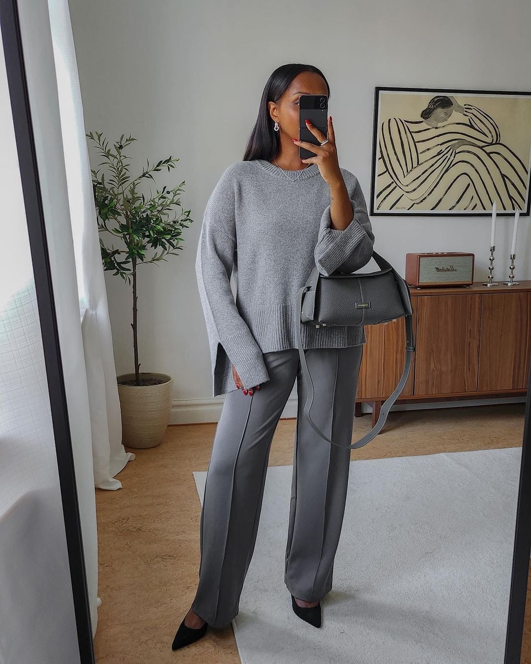 Oversized Grey V-Neck Sweater With Wide Trousers — Aesthetic Grey Sweater Outfit